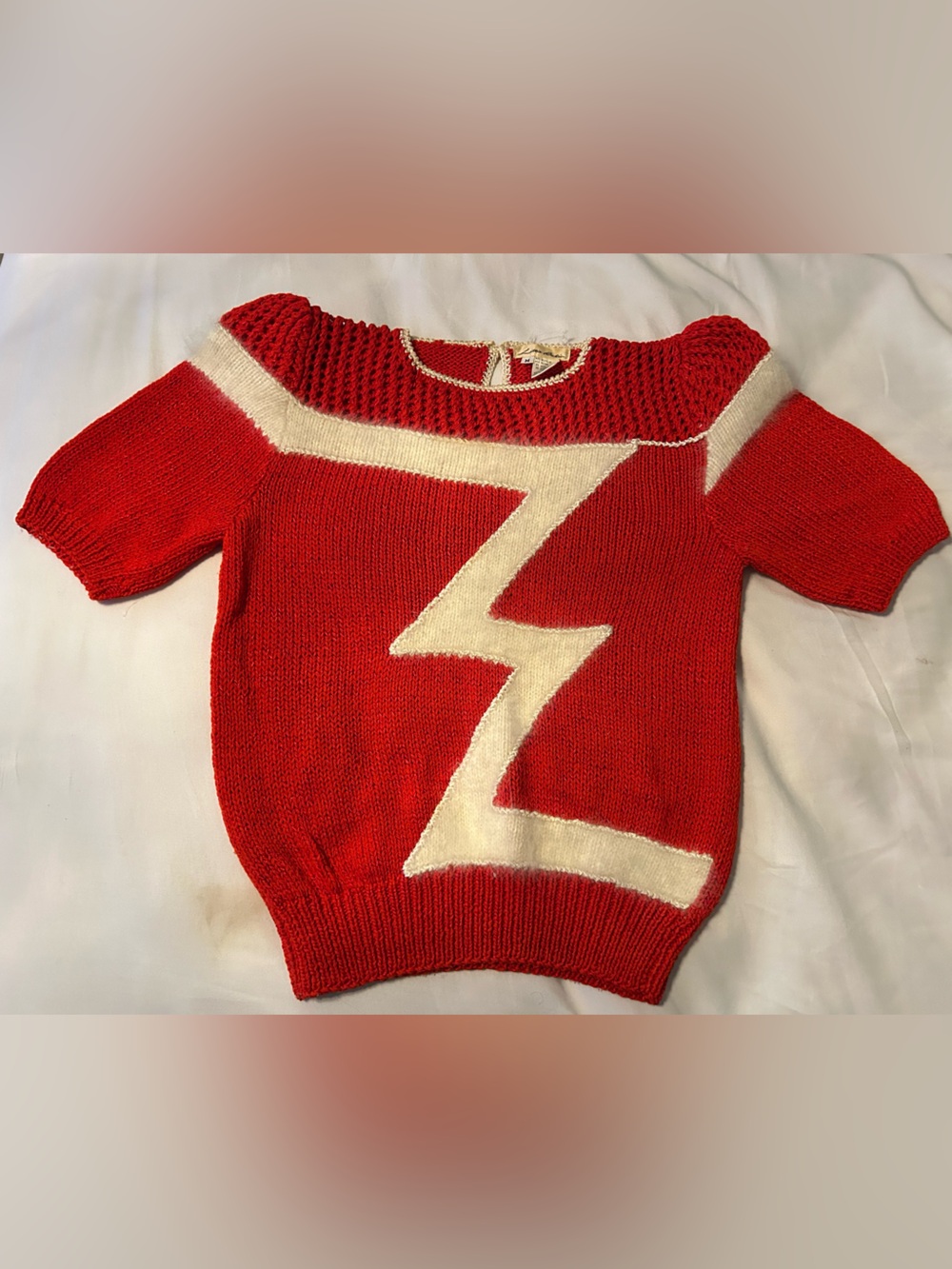 Lillie Rubin Red Knit Crewneck Sweater with Cream Lightning Motif